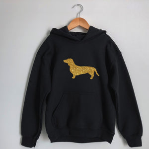 Kids Dachshund Hoodie - Black with Gold Glitter Dachshund- Size 12-13Y (34")