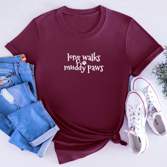 Long Walks and Muddy Paws T-Shirt - Burgundy Size M - UK 12-14 (38")
