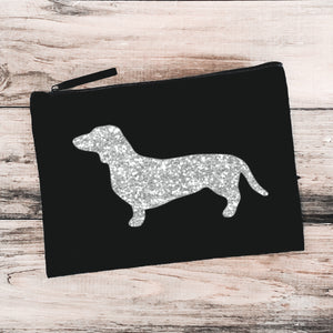 Daschund Makeup Bag - Black with Silver Glitter