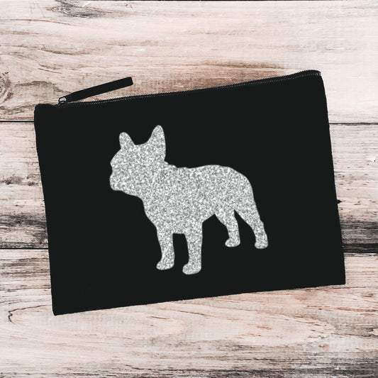 French Bulldog Makeup Bag - Black with Silver Glitter