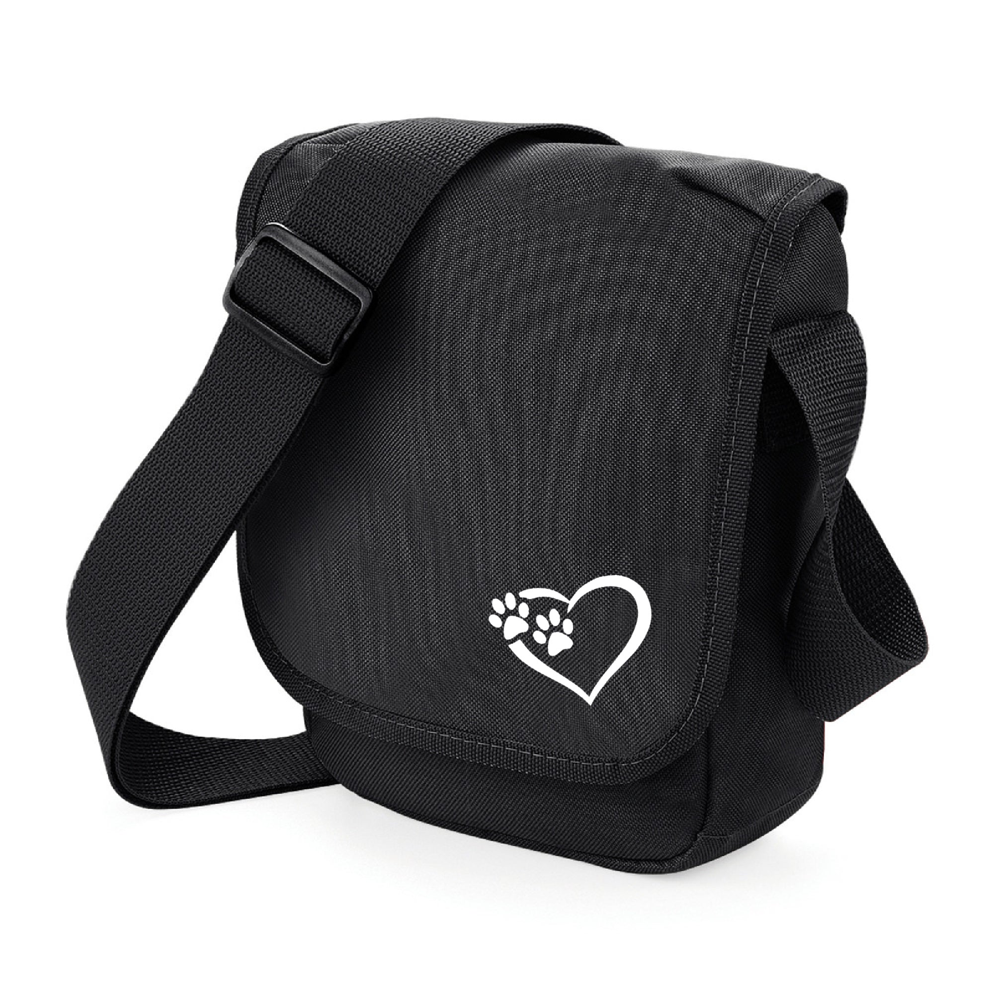 Dog Walking Bag - Cross Body Messenger Bag - Black with White Heart and Paws Logo