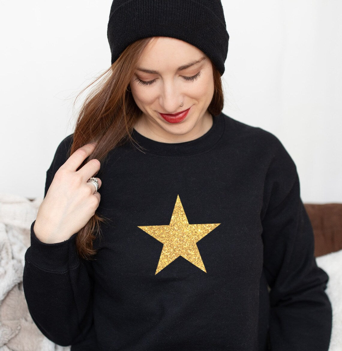 Gold Star Sweatshirt - Black with Gold Glitter Star - Size M - UK 14 (40")