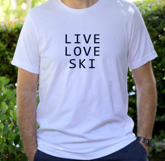 Live Love Ski T-Shirt - White with Black Text -Unisex  Size 2XL - UK22 (47")