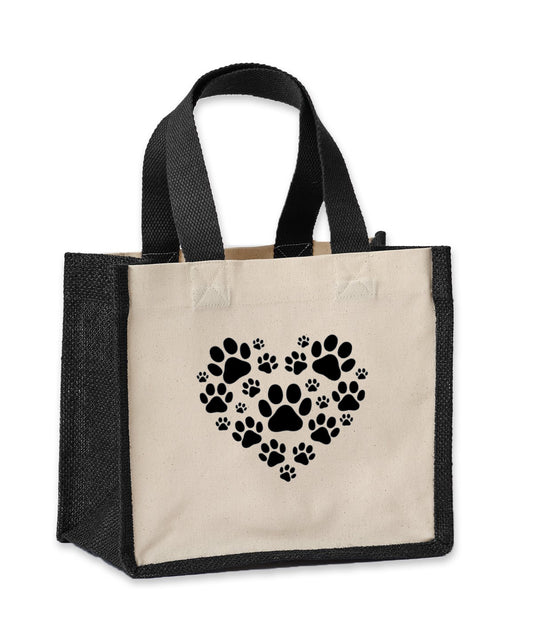 Paw Print Heart Jute and Canvas Tote Bag