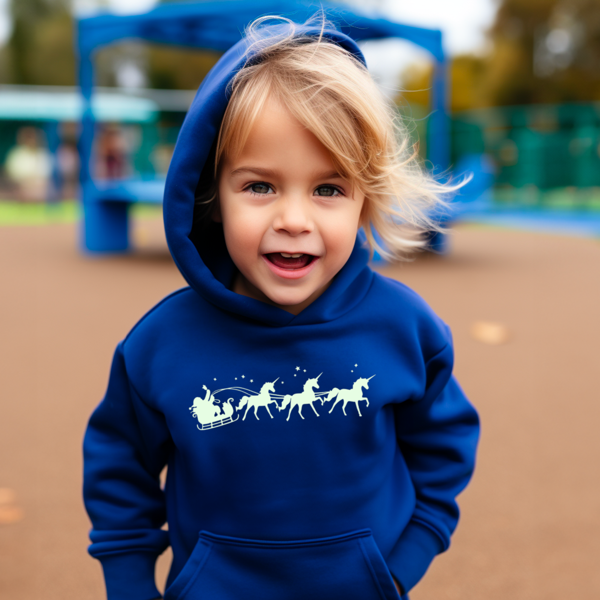 Glow in the Dark Christmas Kids Hoodie, Santa and his Unicorns Christmas Jumper