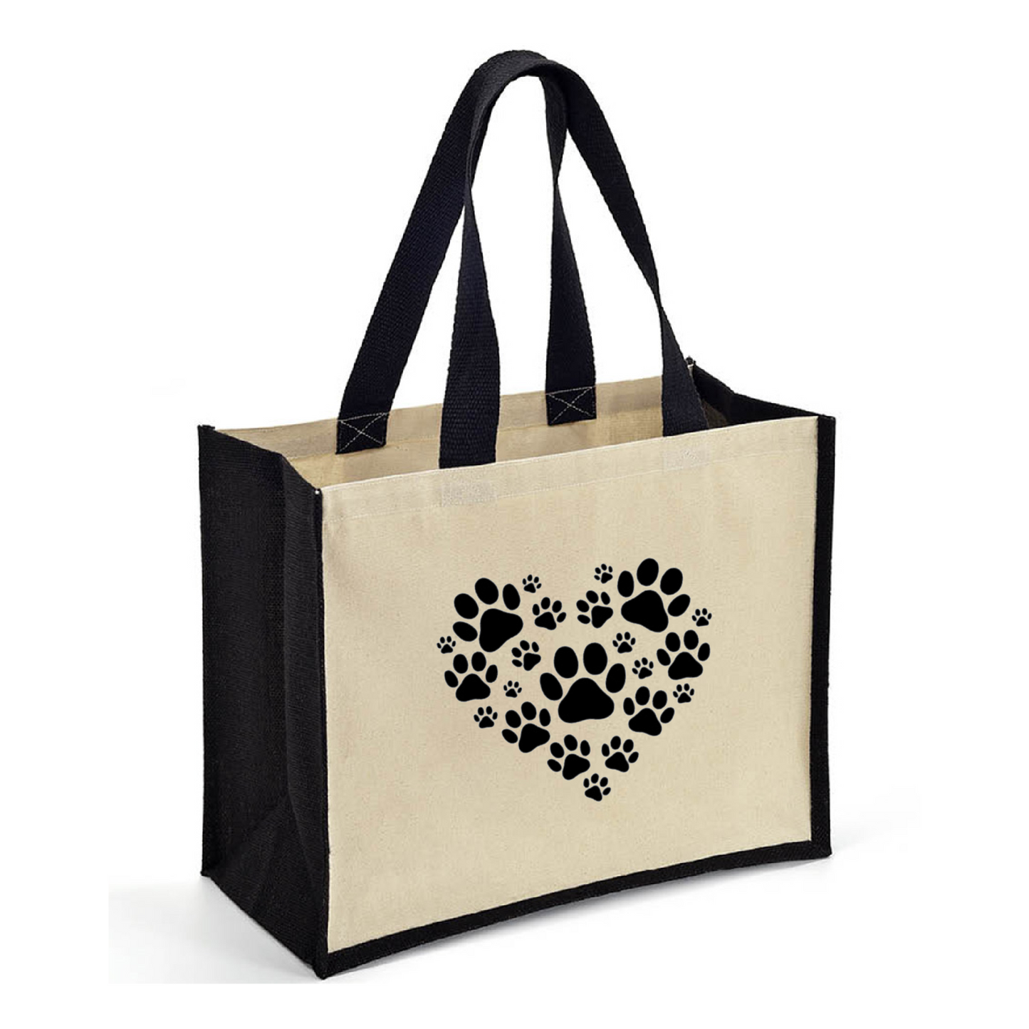 Paw Prints Tote Bag - Jute Tote with Canvas Sides