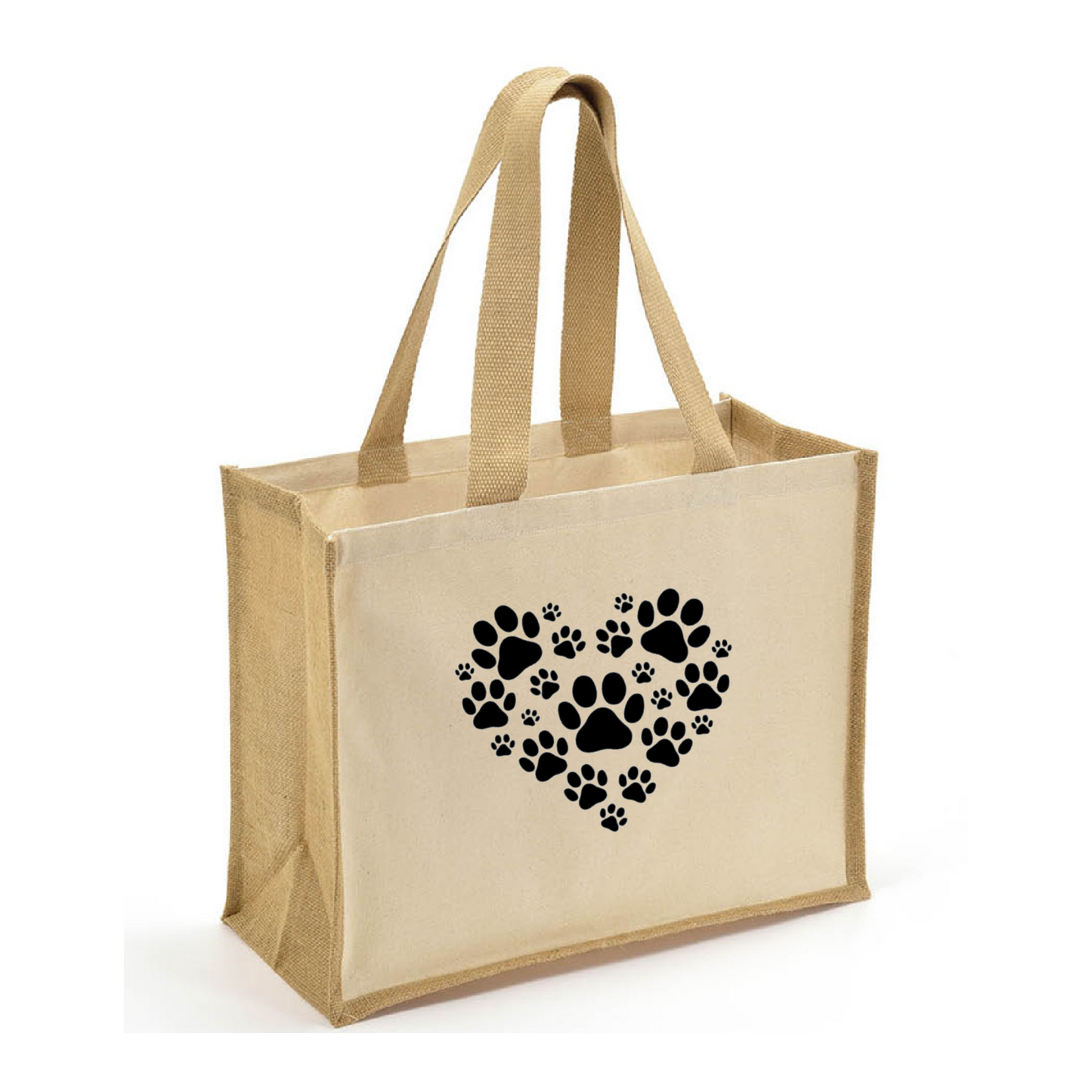 Paw Prints Tote Bag - Jute Tote with Canvas Sides