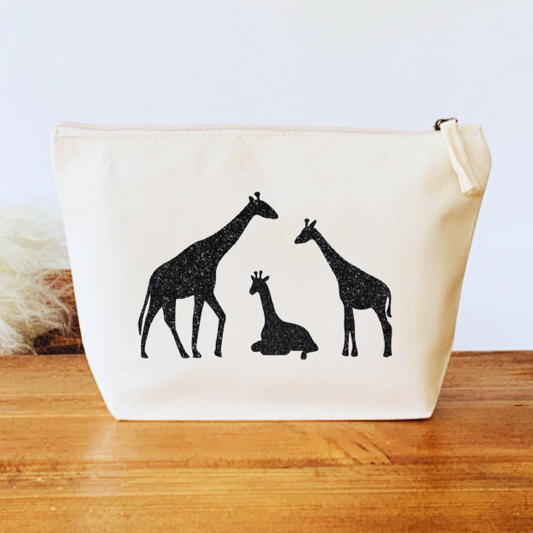 Giraffe Makeup Bag - Natural Organic Canvas with Black Glitter Giraffes