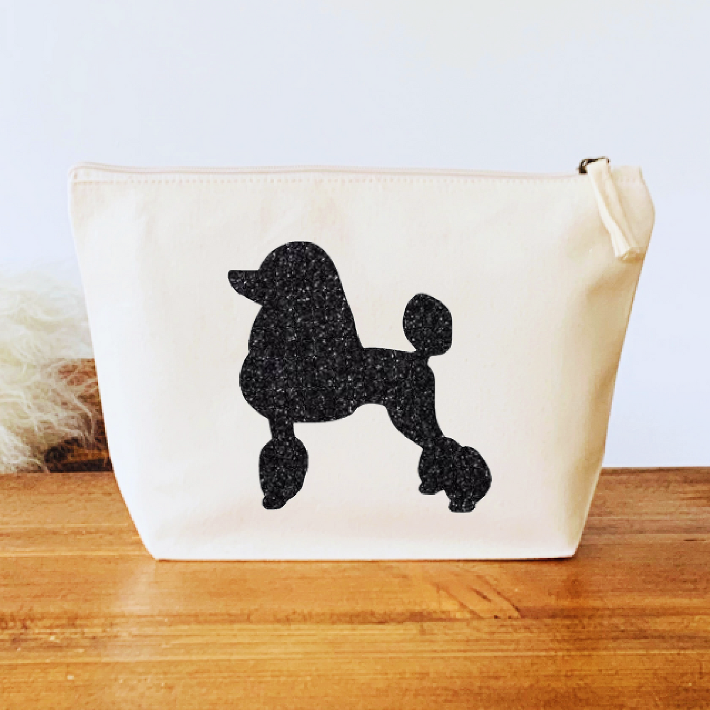 Poodle Makeup Bag - Natural Canvas with Black Glitter Poodle