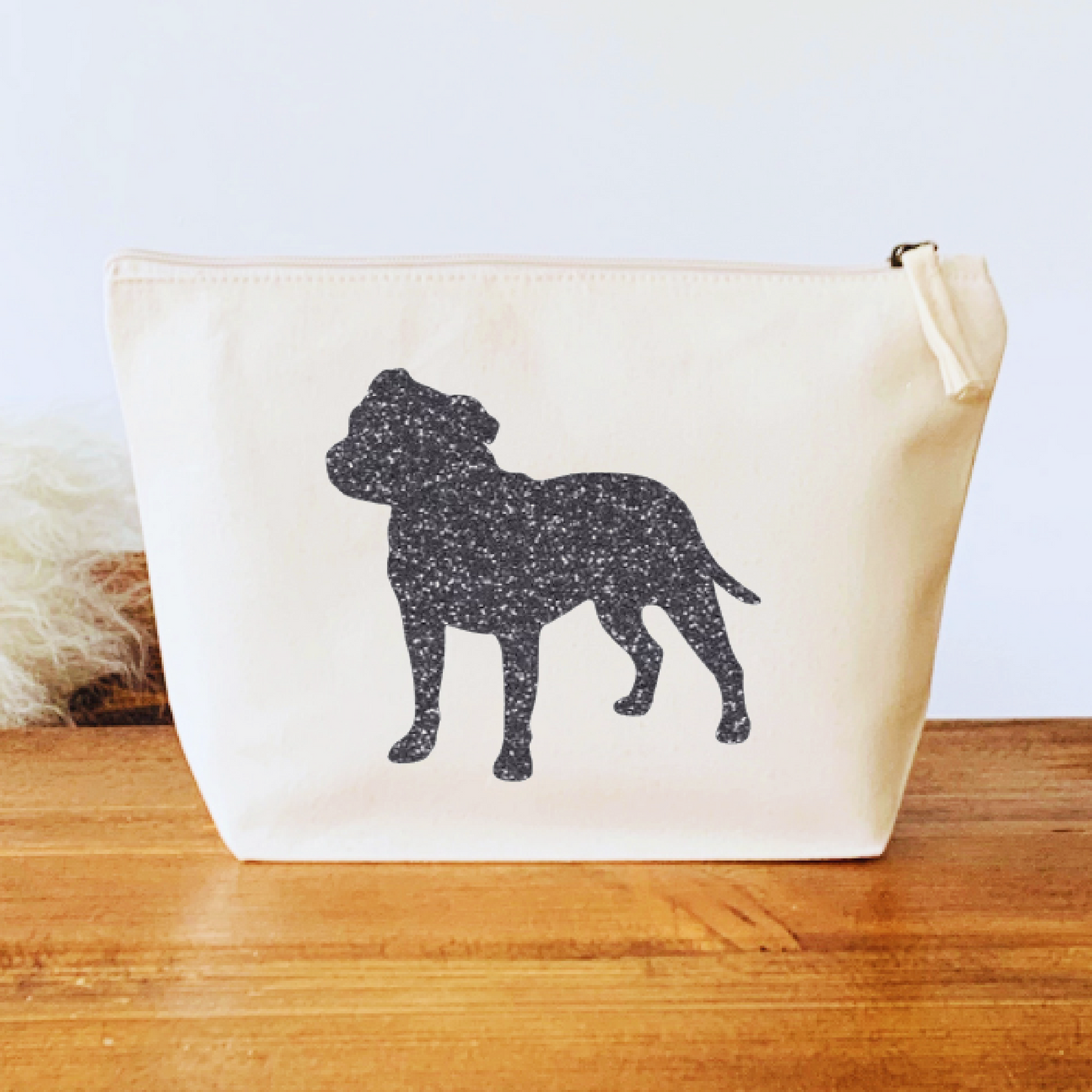 Staffordshire Bull Terrier Makeup Bag - Natural Canvas with Glitter Staffie