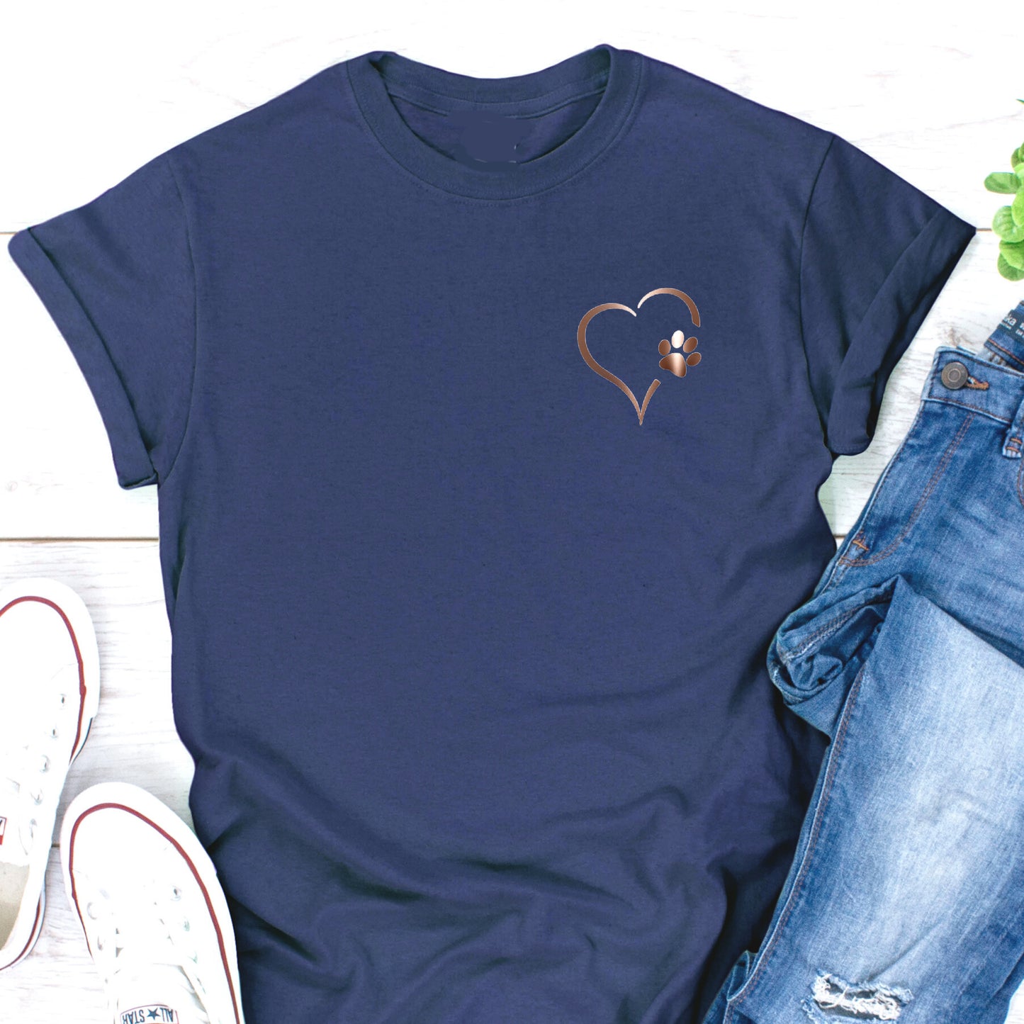 Rose Gold Heart and Paws T-Shirt - Navy Size L - UK 16-18 (41")