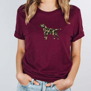 maroon t shirt with animal print dog