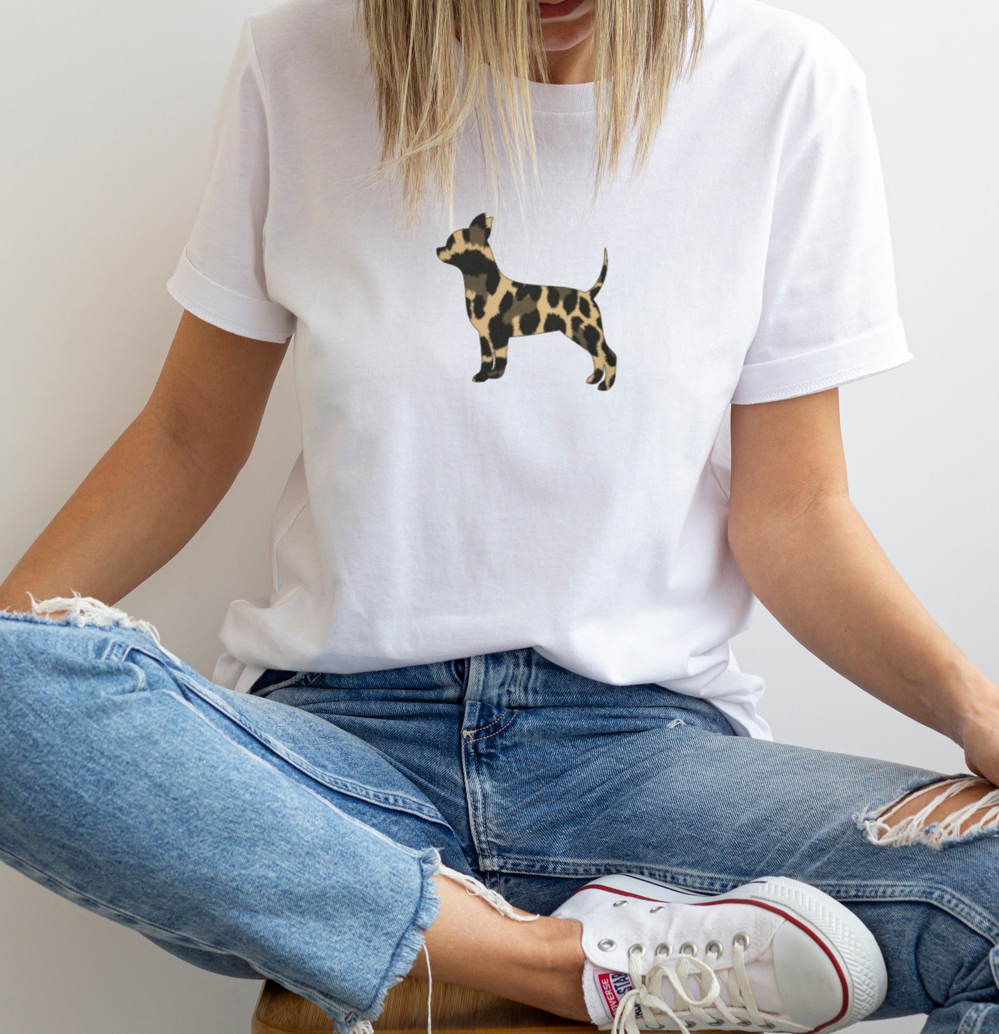 white t shirt with animal print dog