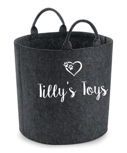 Charcoal grey personalised felt dog toy basket