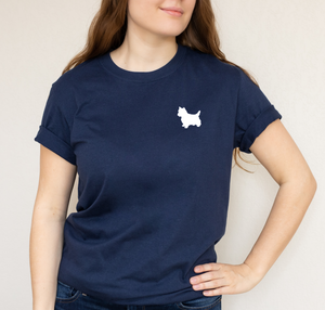 navy organic t shirt with dog image