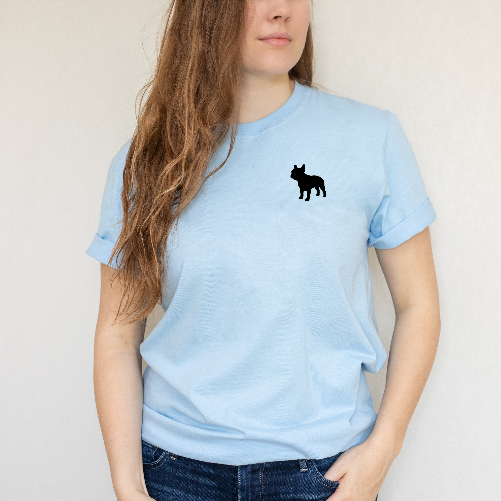 sky blue organic t shirt with dog image